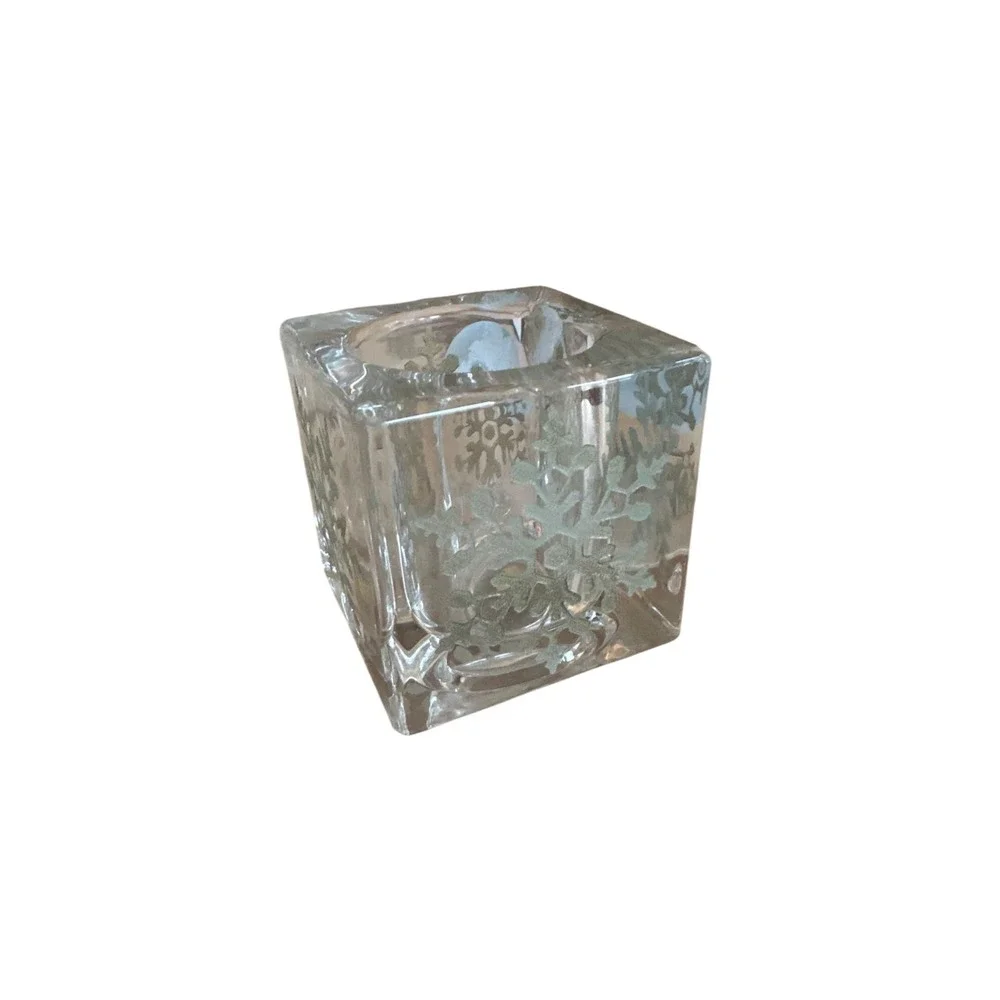 Party Light Square Glass Votive Candle Holder With Etched Snowflake Design